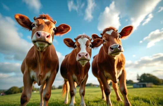 Three brown cows with white markings stand close together in green field under blue sky with clouds. Look directly at camera with curious expressions. Image low angle perspective of animals on sunny