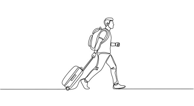 Man walking with luggage and backpack.