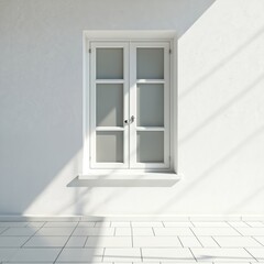 Obraz premium Classic white wooden window set in textured white wall. Sunlight casts geometric shadows on clean tiled floor and exterior. Minimalist design invites peaceful atmosphere.