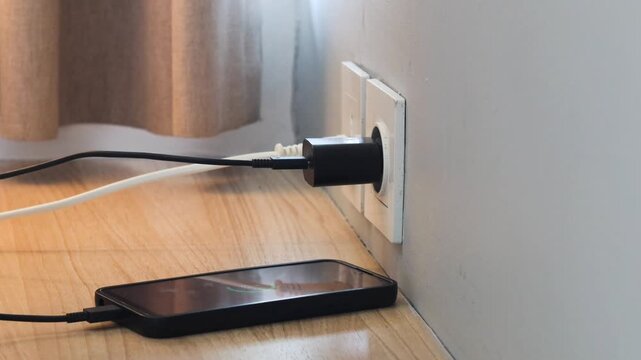 Woman hand view plugging mobile phone charger cable into wall socket. Ready to connect, connect electricity. charging device, electricity usage, home interior daily activity.