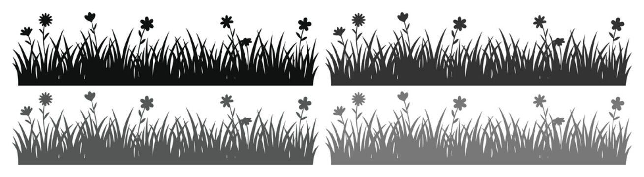 Black grass silhouette set with wild flowers, botanical meadow border vector collection, dark floral lawn fringe elements for landscape design