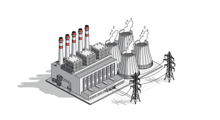 Obraz premium Isometric illustration of an industrial power plant with smoking chimneys, massive cooling towers, and electricity transmission lines, symbolizing energy production and infrastructure