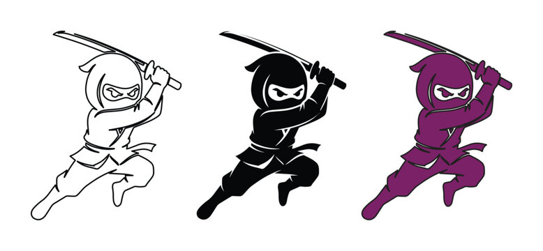 Ninja warrior cartoon character set, 3 vector ninja icons with katana swords, black and purple shinobi assassin mascot for gaming and sports logos