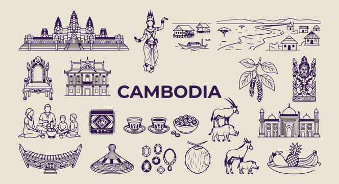 cambodia landmarks and temple sketches, hand drawn phnom penh doodles, aesthetic khmer culture art, creative cambodia tourism line art, minimal asian travel icons, scrapbook cambodia travel elements, 