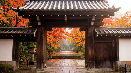 Fototapeta premium Kyoto Temple Gate Framing Autumn Maple Foliage Path with Stone Lantern