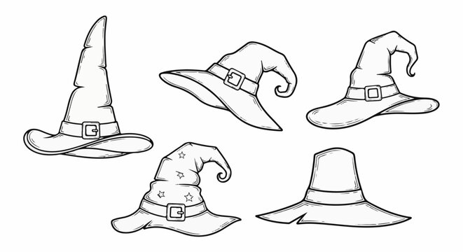 Five cartoonish witch hats are sketched with a black outline on a white background