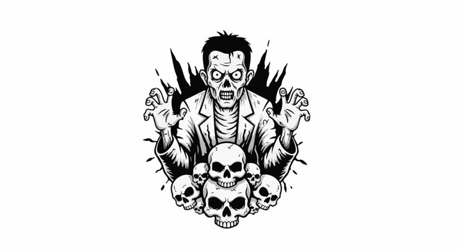 Grotesque figure with outstretched arms and multiple skulls below