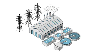 Obraz premium Industrial plant with power lines and water treatment tanks, symbolizing energy and environmental management