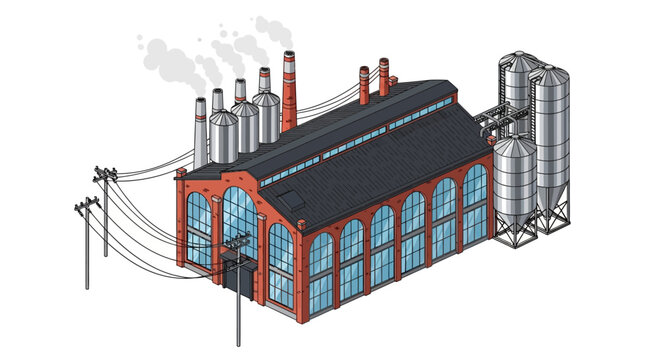 Isometric pixel art illustration of a bustling industrial factory with tall smokestacks and power lines, depicting a manufacturing facility for production and energy generation