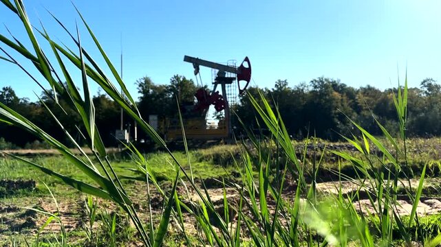 Extraction of petroleum. Oil Pump Jack on blue. Oil Field. Petrolium crude Industrial. Crude pump jack working.. Extraction of petroleum in oilfield. Crude petroleum industry