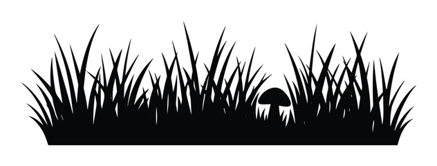Black grass silhouette with wild mushroom, meadow lawn border vector, botanical garden landscape element for outdoor nature design © I'm_coming