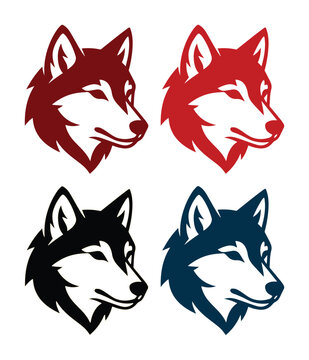 Wolf head mascot logo set, 4 vector icons of wild husky or timber wolf profiles, red and blue canine animal head graphics for sports branding