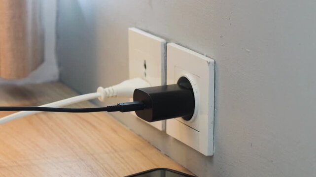 Woman hand view plugging mobile phone charger cable into wall socket. Ready to connect, connect electricity. charging device, electricity usage, home interior daily activity.