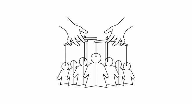 Hands controlling people figures like puppets on strings in a line