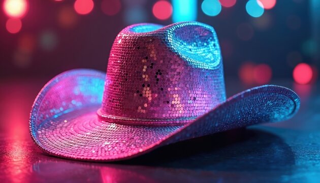 Sparkling pink cowboy hat with disco ball design sits on dark surface. Neon lights create colorful atmosphere, ready for party or festival event. Retro style accessory.