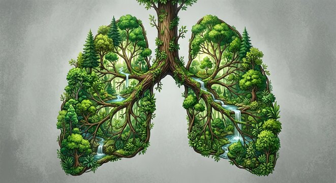 An artistic representation of human lungs shaped like a vibrant green forest with trees and flowing waterfalls