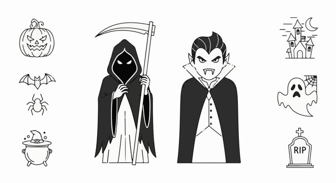 Halloween icons grim reaper, vampire, pumpkin, bat, spider, cauldron, ghost, tombstone