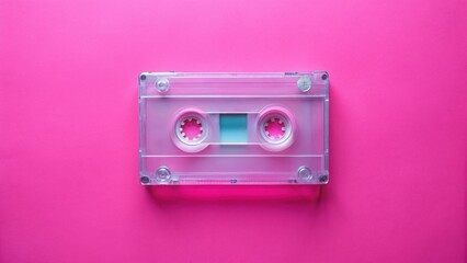 Fototapeta premium A translucent audio cassette tape rests on a vibrant pink background, a nostalgic symbol of a bygone era of music