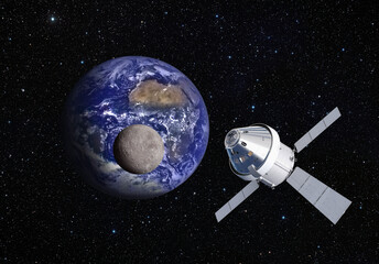 Orion spacecraft flight in space on orbit of moon. "Elements of this image furnished by NASA © muratart