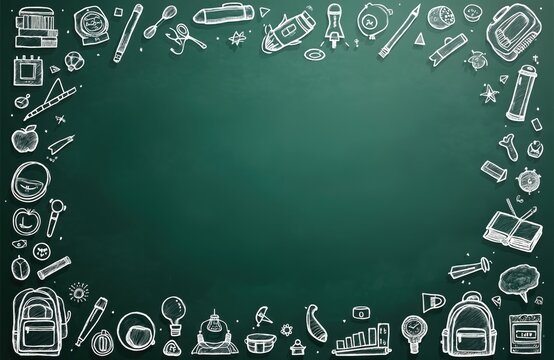 Green chalkboard border frame with hand drawn school supplies and math formulas. Back to school doodle art with education symbols and science icons on blackboard background.