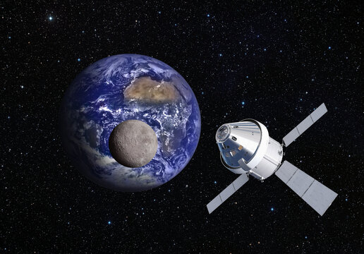 Orion spacecraft flight in space on orbit of moon. "Elements of this image furnished by NASA