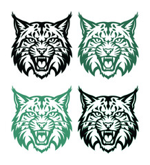 Fototapeta premium Aggressive bobcat mascot head vector set, fierce lynx wildcat sports logo icons, snarling feline predator illustrations in black and green
