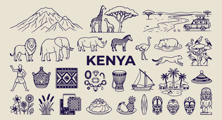 kenya safari and wildlife sketches, hand drawn nairobi landmarks, aesthetic kenyan culture doodles, creative kenya tourism line art, minimal african safari icons, scrapbook kenya travel elements, keny © Geetaroy