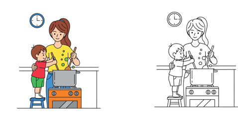 Happy mother and little son cooking food together at the stove, colored vector illustration and black and white coloring page line art for kids.