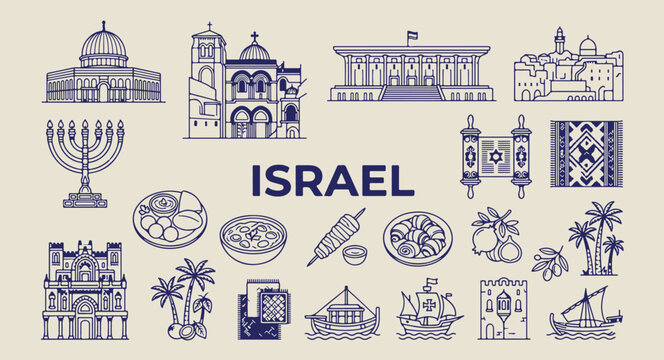 israel travel and history doodles, hand drawn jerusalem sketches, aesthetic israeli culture art, creative israel tourism line art, minimal middle east travel icons, scrapbook israel travel elements, i