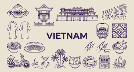vietnam landmarks and street food art, hand drawn hanoi sketches, aesthetic vietnamese culture doodles, creative vietnam tourism line art, minimal asian travel icons, scrapbook vietnam travel elements © Geetaroy