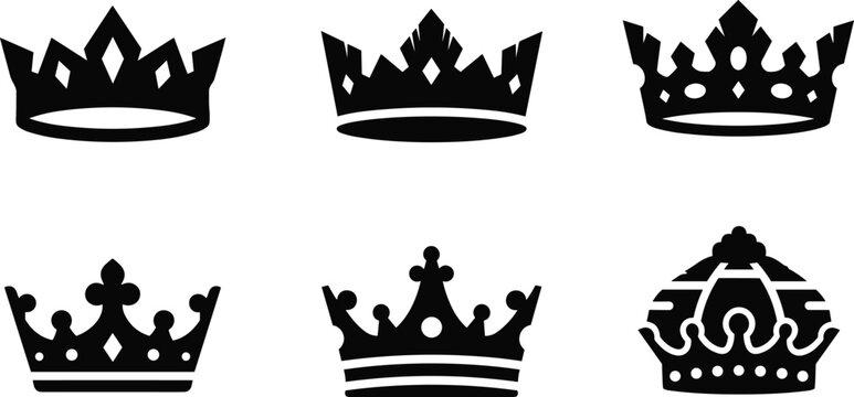 Royal crown silhouette vector collection featuring ornate king queen and imperial tiara designs as bold black icons on white background