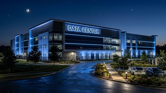A sleek data center building glowing with blue LED lights at twilight, creating a futuristic ambiance.