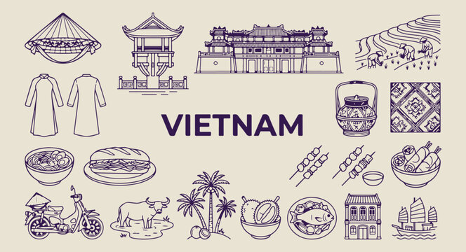 vietnam landmarks and street food art, hand drawn hanoi sketches, aesthetic vietnamese culture doodles, creative vietnam tourism line art, minimal asian travel icons, scrapbook vietnam travel elements