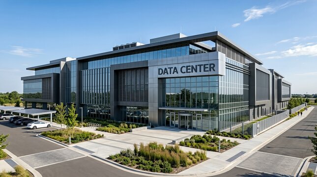 A large modern data center building with a reflective glass facade, surrounded by greenery.