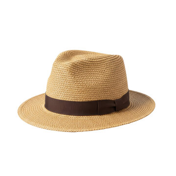 Classic straw fedora hat with a woven golden-tan raffia texture and dark brown ribbon band, isolated on a white background, timeless summer resort atmosphere