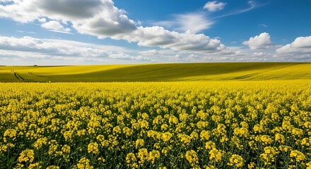 Obraz premium Vibrant yellow field of flowers under a bright blue sky with fluffy clouds.