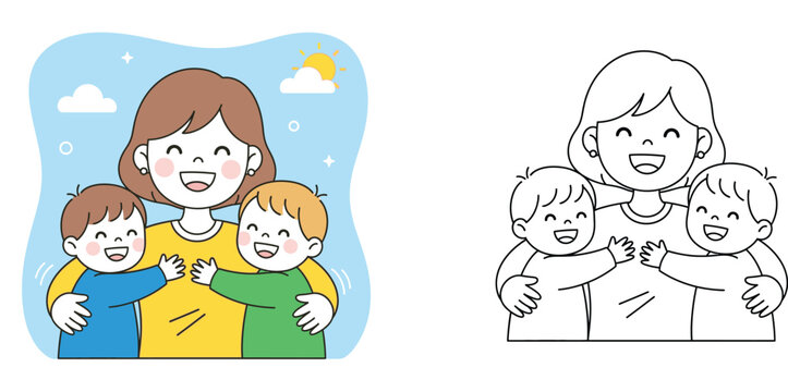 Happy mother hugging her two little sons, colored vector illustration and black and white coloring page line art for kids.