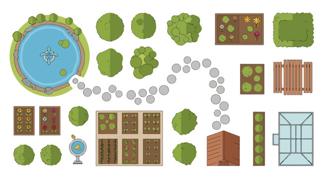 Landscape design elements in top view vector set, garden planning icons with trees and pond, backyard architectural map symbols for park layout and outdoor landscaping isolated PNG with