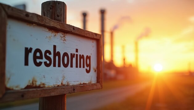 Wooden sign reads reshoring near industrial plant at sunset. Sun sets behind factory chimneys and smokestacks. Concept of bringing jobs back home to domestic manufacturing.