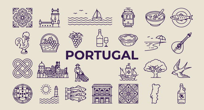 portugal travel and food icons, hand drawn lisbon landmarks, aesthetic portuguese culture doodles, creative portugal tourism line art, minimal wine and fado sketches, scrapbook portugal travel element