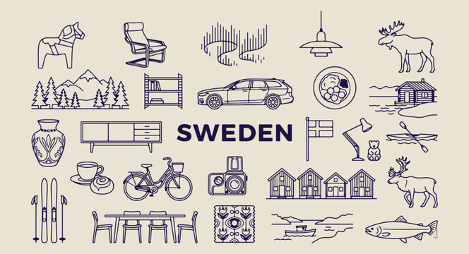 sweden travel and culture doodles, hand drawn stockholm landmarks, aesthetic scandinavian design sketches, creative swedish icons line art, minimal sweden tourism elements, scrapbook nordic travel dra