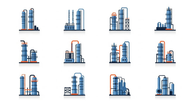 Oil Refinery Plant Icons - Chemical Processing and Industrial Infrastructure.