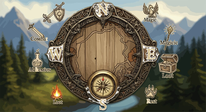 Fantasy RPG game interface with ornate wooden compass and map icons, medieval adventure user interface elements for quest tracking, vintage gaming hud vector illustration isolated PNG with