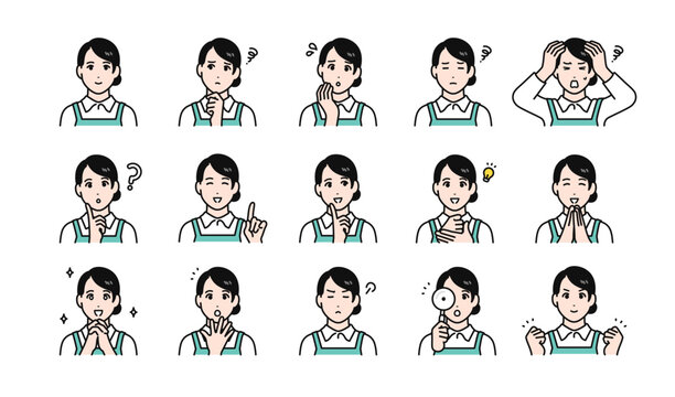 エプロン姿の女性スタッフの様々な表情バリエーションセット