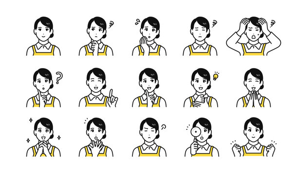エプロン 女性スタッフ表情バリエーション ベクターアイコンイラスト素材セット