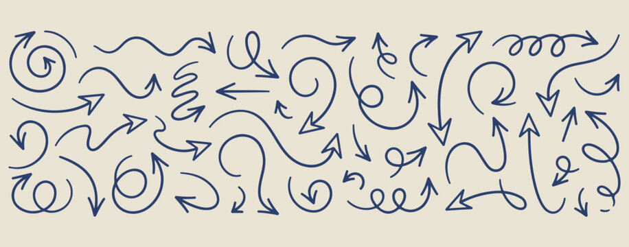 swirly abstract arrow doodles, hand drawn direction line art, creative spiral arrow sketches, minimal pointer doodle set, aesthetic flow chart elements, scrapbook navigation arrow art, whimsical direc