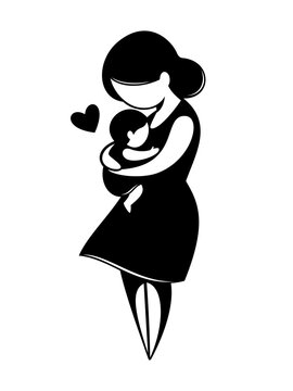 Black silhouette of a mother holding her baby with a heart symbol