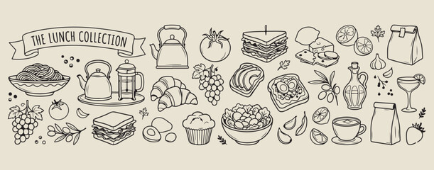 Obraz premium hand drawn breakfast food doodles, aesthetic cafe menu sketches, kitchen culinary line art, healthy breakfast icons set, croissant and coffee drawings, minimal food scrapbook elements, creative snack 