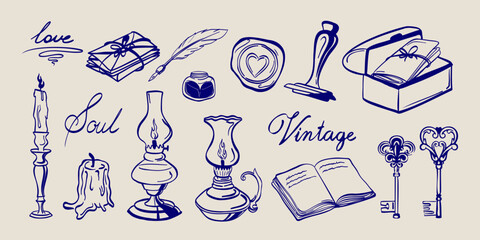 Hand drawn vintage set with antique objects and romantic elements. Collection with candles, oil lamps, keys, letters, book, and feather pen. Retro nostalgic vector clipart. © Iana