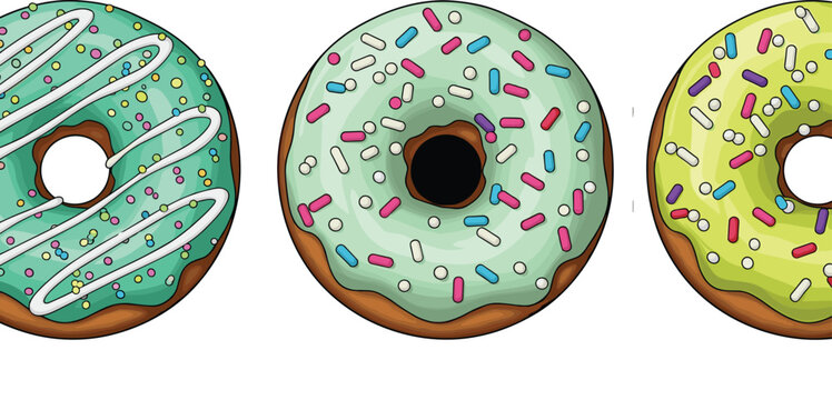 Colorful Donuts with Sprinkles and Icing Set for Bakery, Dessert, and Sweet Food Vector Illustration Designs
